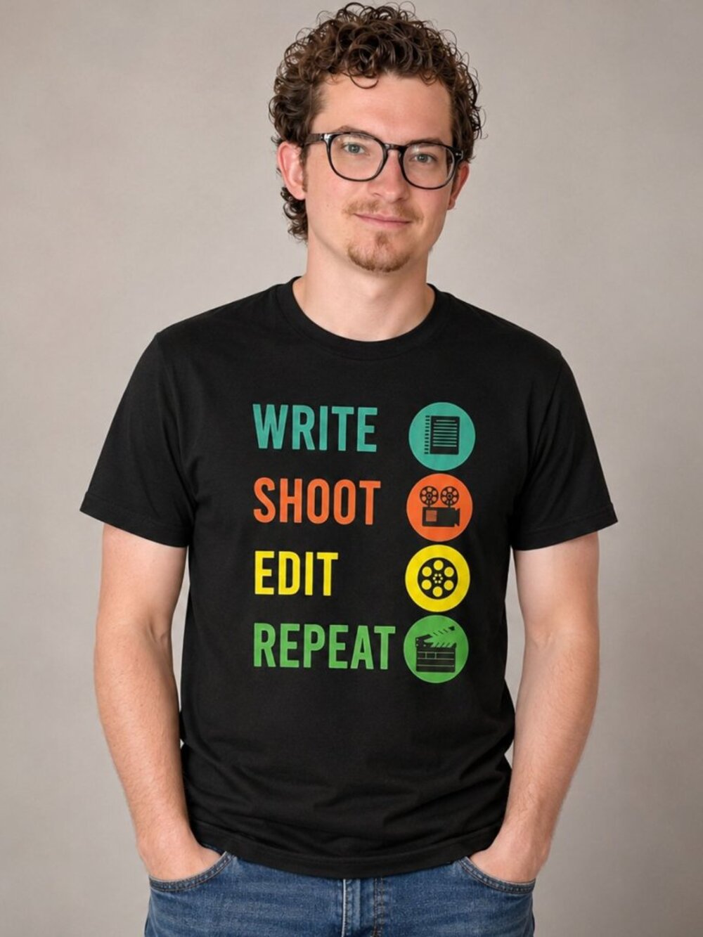 Filmmaker Tee XL Write Shoot Edit Repeat Black Movie Film Graphic Shirt